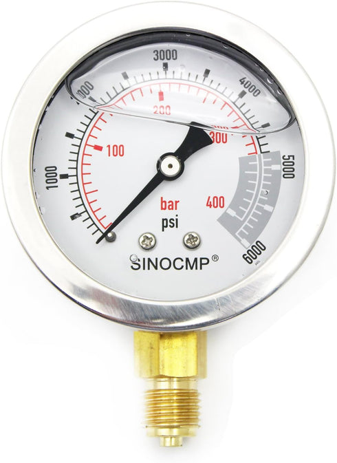SINOCMP 40Mpa/0-400bar/0-6000PSI Economical Multi Purpose Double Scale Stainless Steel Glycerin Filled Hydraulic Pressure Gauge...