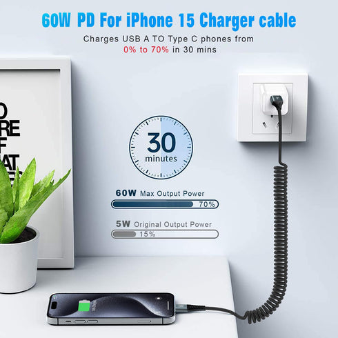 2 Pack 3FT USB C Charger Cable 60W Fast Charging, Coiled USB A to USB C Cable for Car Compatible with iPhone 15 Series, Samsung Galaxy S24 / S23 /...