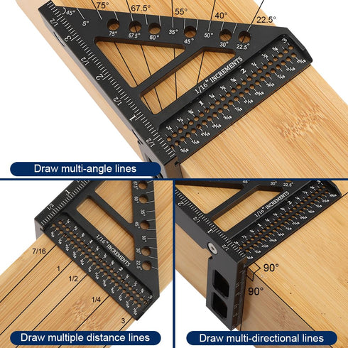 Carpenter Square Hole Position Scribing Ruler, 3D Woodworking Square Multi Angle 22.5-90 Degree Measuring Ruler with Angle Pin Versatile Speed Squ...