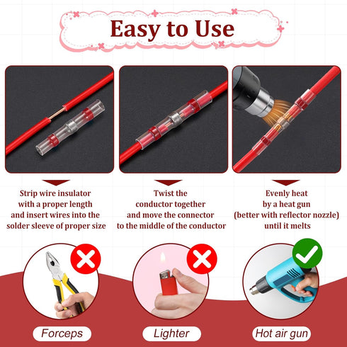 150 Pcs Solder Seal Wire Connectors, Solder Butt Connectors Heat Shrink, Red 22-18 AWG Wire Splice Connectors, for Marine Automotive Boat Wire Joi...