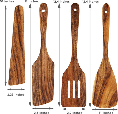 Wooden Spatula for Cooking, Teak Spatulas for Kitchen Use - Wooden Cooking Utensils Set of 4 including Paddle, Turner, Slotted Spurtle and Wood Sc...