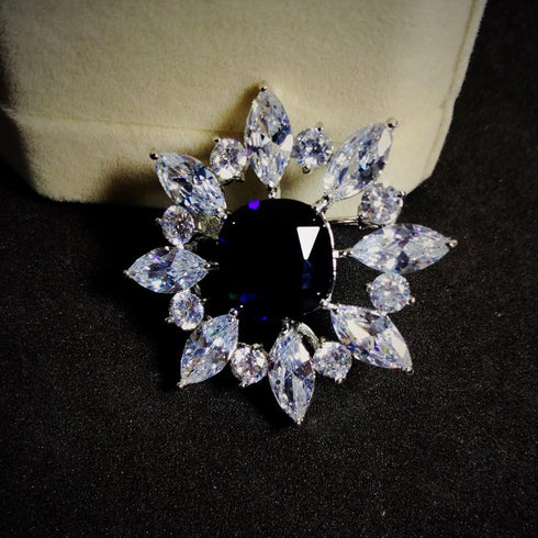 Victorian Vintage Opens Royal Blue Square Stone Domed Burst Flower Brooch Pin Elegant Jewelry...
