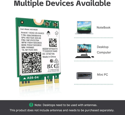 WiFi 6E AX210 NGW Wireless Card M.2 2230/NGFF WiFi 6E Laptop Module with Bluetooth 5.3, 5400Mbps Tri-Band AX210 WiFi Chip Adapter, Ultra-Low Laten...