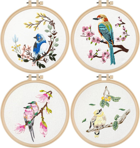 4 Sets Embroidery Kit, Art Craft Handy Sewing Set for Beginners, Hummingbird and Flower Cross Stitch Starter Kits, Chinese Traditional DIY Embroid...