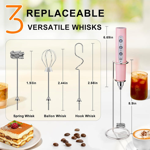 YUSWKO Pink Handheld Milk Frother Wand with Stand for Coffee, Rechargeable Electric Whisk with 3 Heads 3 Speeds Drink Mixer Coffee Frother For Lat...
