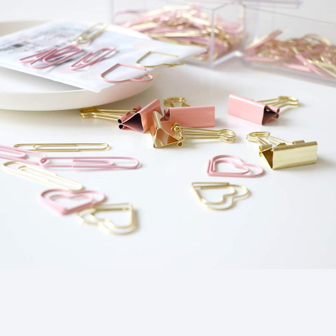 Gold Pink Binder Clips and Paper Clips Set (3-in-1 Boxed), for Office School Supplies Teachers Classroom Daily use...
