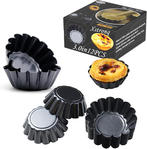 Egg Tart Molds 12PCS Tart Pan, Mini Carbon Steel Non Stick Tart Pans, Tart Molds For Baking (3 inch)...