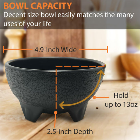Salsa Bowls – 6 Pack (Black), 13oz BPA FREE Small Bowl Unbreakable Mexican Molcajete Chips Guacamole, Serving Dish, Sauce Cup, Side bowl, Snack, C...