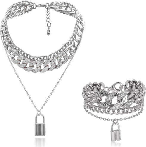 N/Q Layered Hip Hop Chunky Cuban Link Chain Rhinestone Beads Lock Pendant Necklace Bracelet for Women Girl Men Boy Shiny Crystal Bling Punk Cool U...