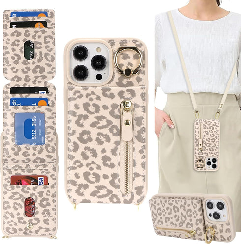 iPhone 13 pro max Case with Card Holder for Women, iPhone 13 pro max Phone Case Wallet with Strap Credit Card Slots Crossbody with Kickstand Zippe...