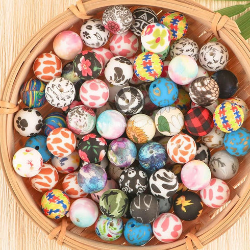 50Pcs Silicone Printed Beads 15mm, Leopard Cow Animal Print Beads, Flower Leaves Plaid Beads, Loose Round Silicone Spacer Beads, for Adults DIY Cr...
