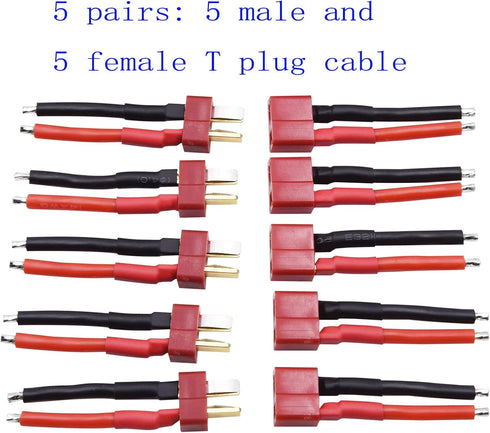 Blomiky 5 Pairs Female and Male 14AWG Silicon Wire Extention Deans T Plug Connector for RC Cars Drone Lithium Battery T Plug 5...