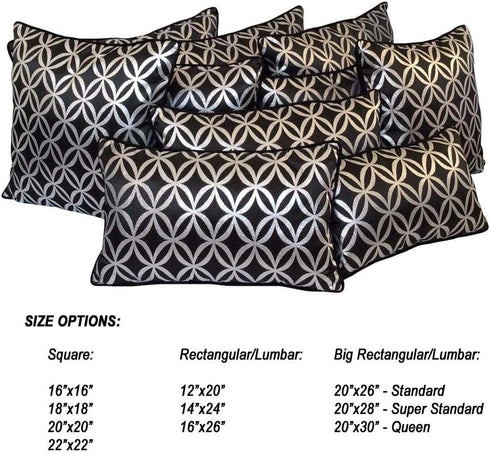 Satin Circle Lattice Black-Silver 16"x16" Pillow Cover Case Square Decorative Geometric Pattern Sham with Black Satin Piping for Home Decor, Sofa,...