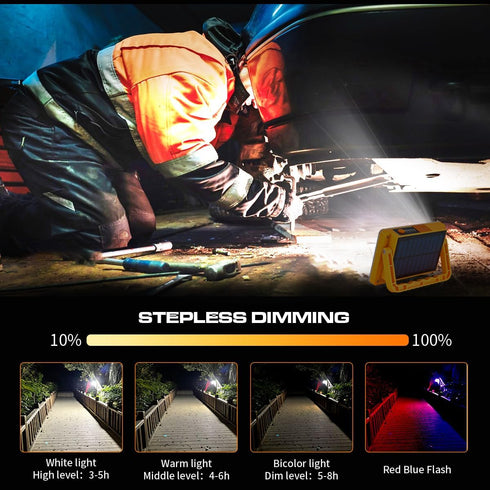 Rechargeable LED Work Light, Portable Solar Flood Light,3 Colors 3 Dimming Levels, SOS Power Bank Function, for Camping Emergency Job Site Lightin...