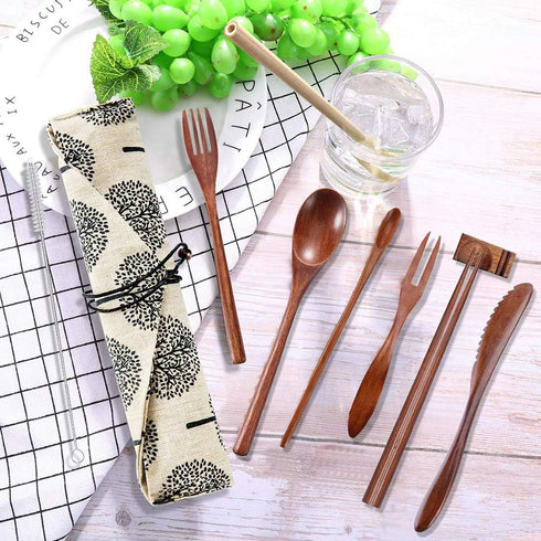 OKA Reusable Wooden Travel Cutlery Set Japanese Style Lunch Utensil Set with Case ,9 Pcs Wooden Flatware Including Reusable Knife Fork Spoon Chops...