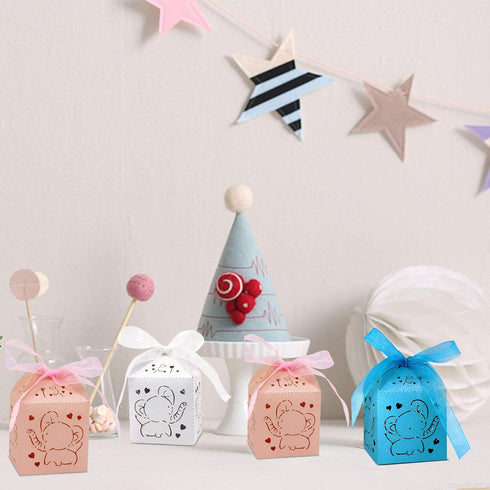 Kslong Blue Baby Shower Favor Boxes, 50Pcs Elephant Favor Boxes for Baby Boy Laser Cut Candy Boxes with Ribbon for Birthday Wedding Party Decorati...