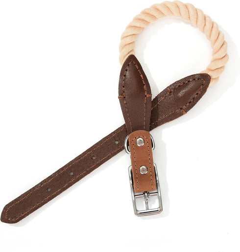 Mile High Life Rope Dog Collar | Durable Braided Cotton Rope Collars | Genuine Leather Dog Collar w Metal Pin Buckle | Classic Puppy Collars for D...