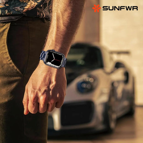 SUNFWR Stainless Steel Watch Band, DarkBlue 42mm/44mm/45mm for Apple Watch Series 9/8/7/6/5/4/3/2/1/SE/SE2, Adjustable Metal iWatch Band with Case...