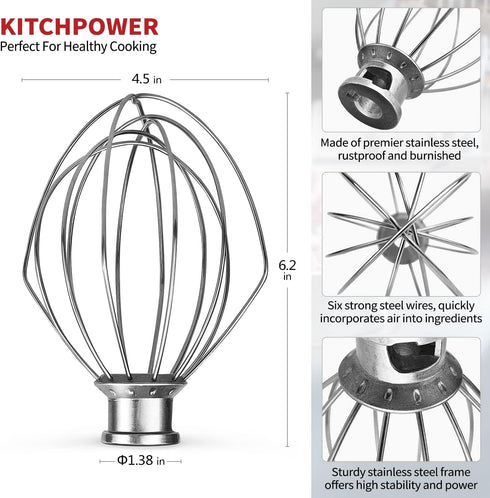 K45WW Wire Whip Attachment for Tilt-Head Stand Mixer for KitchenAid Stainless Steel Egg Cream Stirrer, Flour Cake Balloon Whisk...