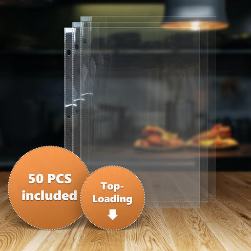 Full Size for 8.5x11'' Pack of 50 Recipe Sheet Protectors for Recipe Binder, Top-Loading Plastic Sleeves, Clear Sheet Protectors for 3 Ring Binder...