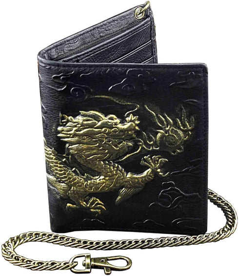 Mens 3D Dragon Vintage Luxury Leather Wallet ID Card Holder Purse w/Chain...