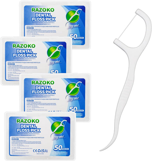 RAZOKO Dental Floss Picks High Toughness Professional Toothpicks Sticks 4-Pack(200pcs) with Portable Case and Dental Picks Perfect for Family,Hote...