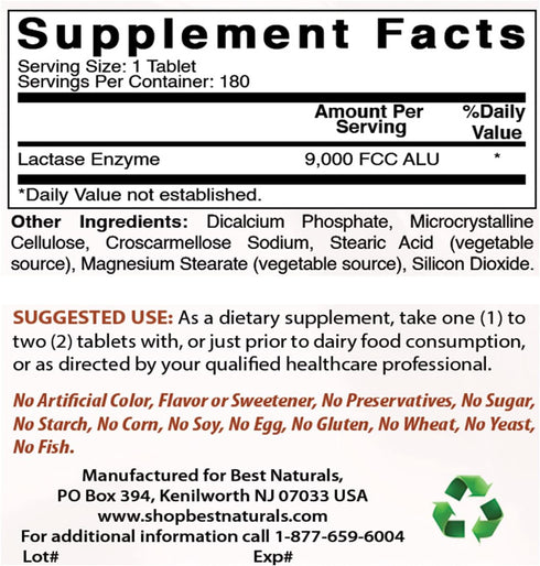 Best Naturals Lactose Intolerance Relief Tablets with Natural Lactase Enzyme, Fast Acting High Potency Lactase, 9000 FCC ALU, 180 Count...