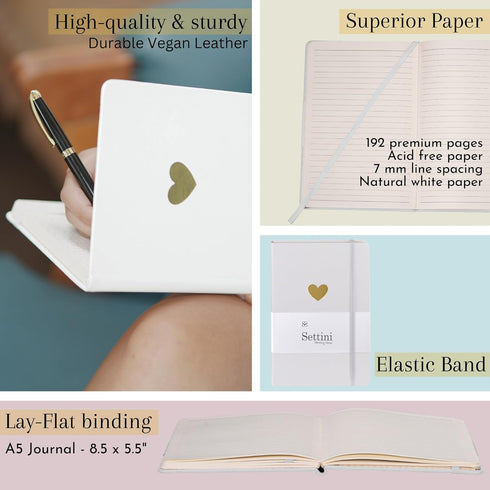 SETTINI® White Heart Journal - Faux Leather, Lay Flat Design - Lined Pages, Elastic Closure, Bookmark & Pocket. Ideal Gift for Women and Men - Bir...