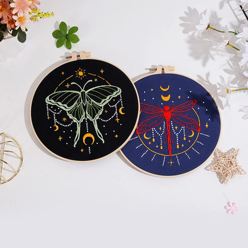 Louise Maelys 3 Set Tarot Embroidery Kits for Beginners with Moon Butterfly dragonfly and moth pattern,Adults Starter Cross Stitch Kit DIY Needlep...