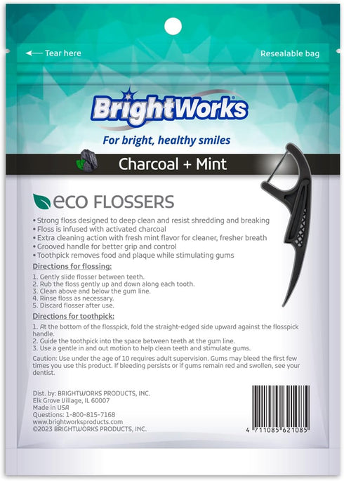 Brightworks ECO Sustainable Floss Picks - 225 Count - Made in USA Charcoal + Mint Infused 100% Post-Consumer Recycled Plastic with Micro-Crystals ...