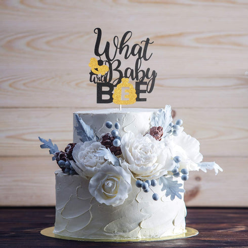 What Will Baby Bee Gender Reveal Cake Topper - Gold Glitter Spring Holidays Bumble Honey Bee Honeycomb Cake Décor - Boy Or Girl He Or She Baby Sho...