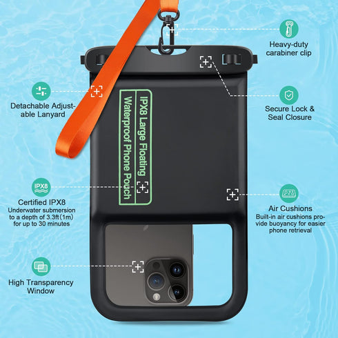 SUPFINE [2 Pcs Waterproof Phone Pouch Floating, Large Cell Phone Case, IPX8 Waterproof Dry Bag with Lanyard for iPhone 15 Pro Max/14/13/12/Galaxy ...