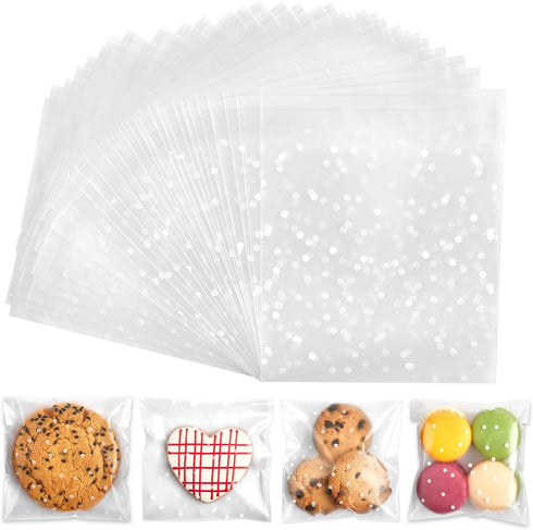 300PCS Cookie Bags Self Adhesive Clear Plastic Cellophane Treat Bags for Candy Pastry Packaging Christmas Party Favor Gift Giving (White Polka Dot...