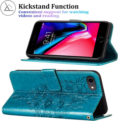 for iPhone SE 2022/SE 2020 Case, 6/6S/7/8 Wallet Case | Butterfly Floral Embossed, Wrist Strap, Card Holder Slots, Stand Leather Protective Flip C...