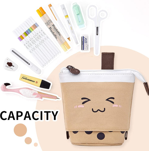 ANGOOBABY Cute Pencil Case Standing Pen Holder Telescopic Makeup Pouch Pop Up Cosmetics Bag with Kawaii Smile Face Stationery case Office Organize...