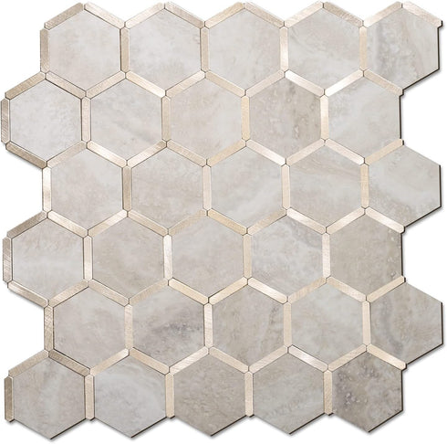 STICKGOO Hexagon Peel and Stick Backsplash Tile, Stick on Backsplash for Kitchen and Bathroom, Beige Marble Look PVC Mixed Metal Gold Self Adhesiv...