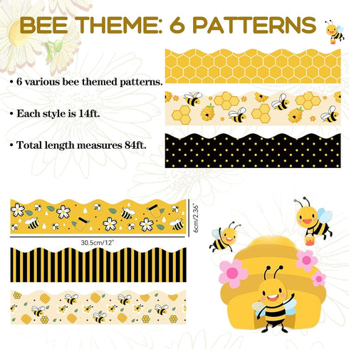 84ft Bee Bulletin Board Borders Bee Classroom Decorations, Cartoon Bee Honeycomb Yellow Black Scalloped Border Trim for Teacher Back to School Sup...