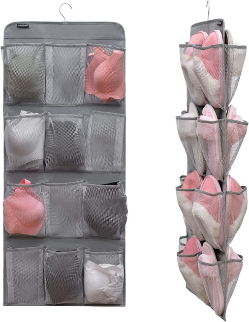 Dual Sided Hanging Shoe Organizer for Closet with Rotating Hanger Hanging Shoe Rack Holder with 24 Large Pockets (Grey-Mesh Pockets)...