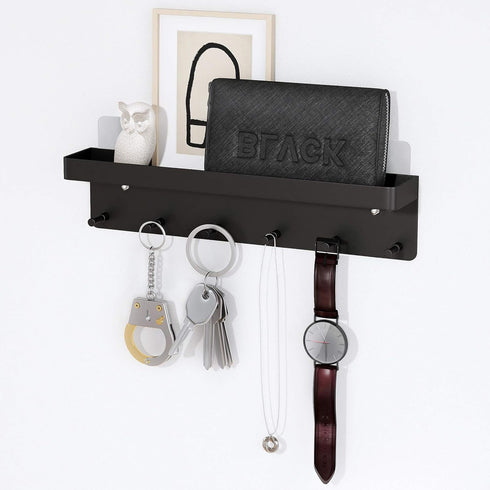 MKO Key Holder Wall Mount, Key Holder Wall Mount Adhesive with Mail Organizer Tray with 6 Key Hooks for Wall, Black...