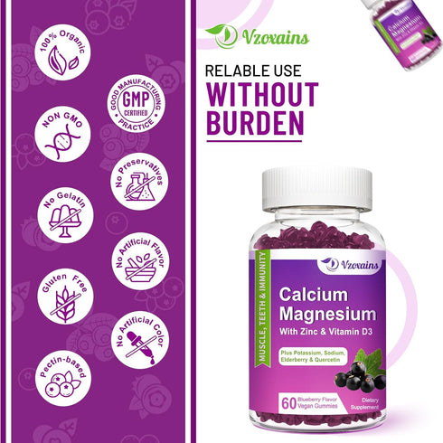 High Absorption Calcium Magnesium Zinc Gummies, Sugar Free Calcium Magnesium Supplement with Potassium Vitamin D3 for Bone & Teeth Strength, Muscl...