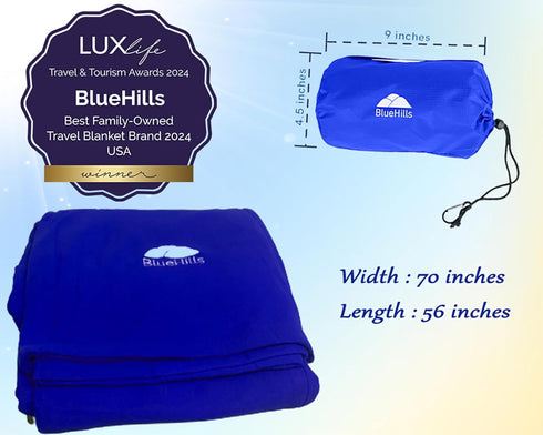 BlueHills Ultra Compact Travel Blanket Pillow in Portable Bag Case Premium Cozy Soft Compact Pack Large Blanket for Airplane Flight Layover Blue -...