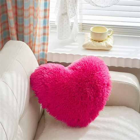 MOOWOO Fluffy Faux Fur Heart Throw Pillow for Valentine's,Mothers Day,Sherpa Plush Fluffy, Solid Color, Heart Shape Pillow for Girls,Hot Pink Love...