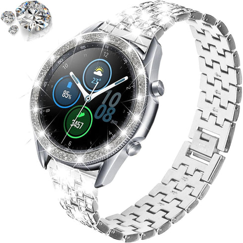 Bands Compatible with Samsung Galaxy Watch 3 (45mm), 22mm Full Rhinestone Diamond Stainless Metal Strap with Bezel Ring Cover Replacement for Wome...