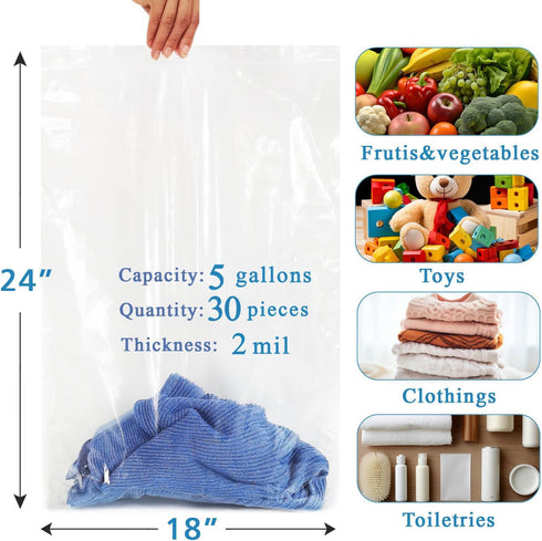 15 Count Zipper Storage Bags, 18'' x 24'' Large 5 Gallon Clear Reclosable Food Storage Bag for Food, Clothing, Office Supplies & Travel Essential,...