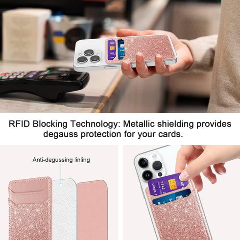 Glitter Self Adhesive Card Holders for Back of Phone, Leather RFID Phone Wallet Pockets Stick On, Credit Card Holders Sleeve for Phone Case, Rose ...