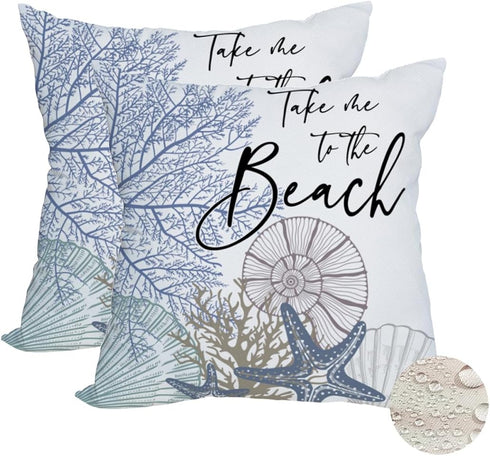 2 Pack Waterproof Take Me to The Beach Summer Pillow Covers 18x18 Inch Blue Ocean Sea Shell Coral Conch Starfish Throw Pillow Covers Outdoor Coast...