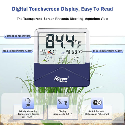 hygger Digital Aquarium Thermometer High and Low Temperature Alarm Sensor Gauge with LCD Touchscreen Stickable Fish Tank Thermometer for Saltwater...