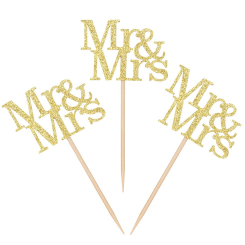 24 Pack of Mr & Mrs Cupcake Picks Gold Glitter Wedding Cucpake Toppers Bridal Baby Shower Party Supplies...