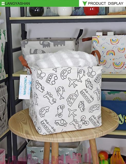 LANGYASHAN Square Storage Baskets Waterproof Canvas Children Laundry Nursery Hamper for Shelves Gift Baskets Toy Organizer Room Decor(Vehicle)...
