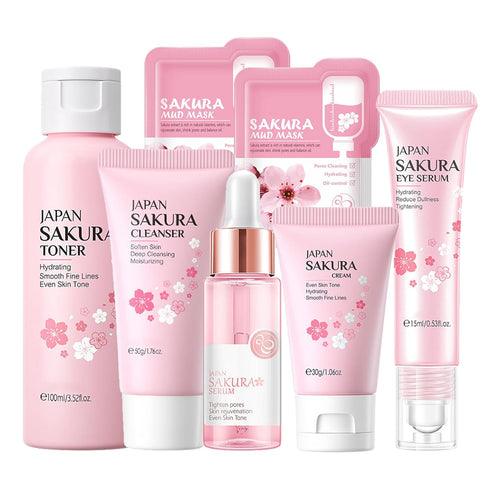 Skin Care Set Sakura Women Beauty Gift Sets Korean Skin Care Kit with Cleanser, Face Serum, Face Cream,Toner,Eye Cream,2Pcs Mud Mask - Skin Care R...